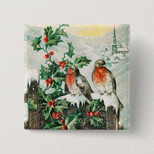 Oude kerstkaart met roodborstjes, hulst, kerk vierkante button 5,1 cm