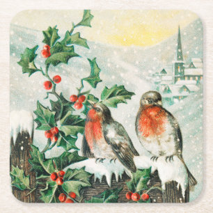 Oude kerstkaart met Roodborstjes, Hulst, Kerk Vierkante Kartonnen Onderzetter