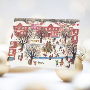 Oude kerstkaart Retro besneeuwd dorp Feestdagen Kaart