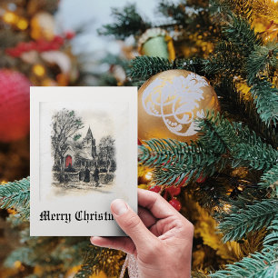  Oude kerstkerk Black White Feestdagenkaart