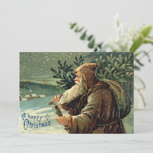 Oude Kerstman en kerstboom Feestdagenkaart (Staand voorkant)