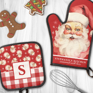 Oude Kerstman Gezicht Rood Geruit Met Initiaal Ovenwant & Pannenlap Set