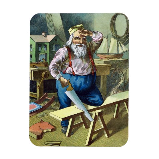 Oude Kerstman, Kerstman Bouwt Speelgoed Zaag Magneet (Verticaal)