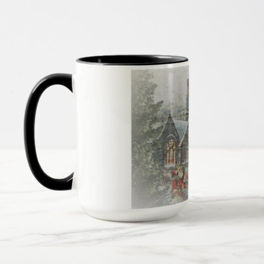 Oude kerstman met kinderen voor een kerk mok (Links)