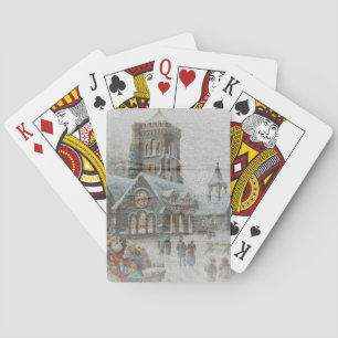 Oude Kerstman met kinderen voor een kerk  Pokerkaarten