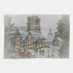 Oude kerstman met kinderen voor een kerk theedoek