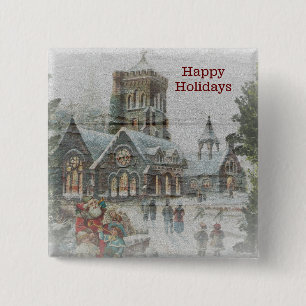 Oude Kerstman met kinderen voor een kerk Vierkante Button 5,1 Cm