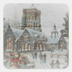 Oude Kerstman met kinderen voor een kerk Vierkante Sticker