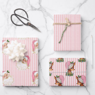 Oude Kerstman & Rendier Roze Streep Inpakpapier Vel