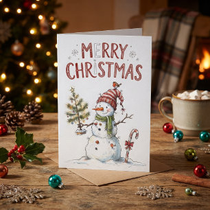 Oude Kerstman Sneeuwman Waterverf Rustiek Rood Kaart