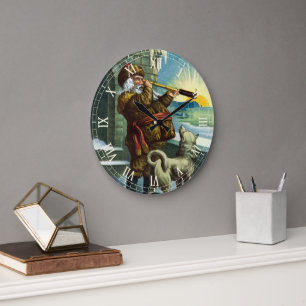 Oude Kerstman Verrekijker Hond Zonsondergang Grote Klok