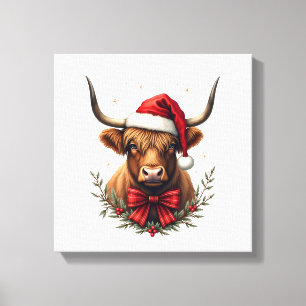 Oude Kerstmis Hoogland Koe in Kerstman Hoed Rustie Canvas Afdruk