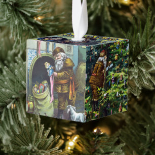 Oude Kerstmis, Kerstman en Zijn Werken Kubus Ornament