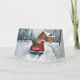 Oude Kerstmis Rode Truck Winter Cabin 1 Foto Kaart