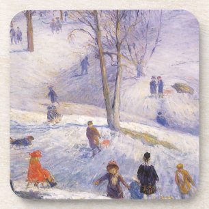 Oude Kerstmis, sleeën, Central Park Glackens Bier Onderzetter