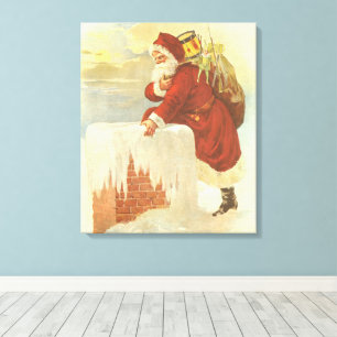 Oude Kerstmis Victoriaanse Kerstman in Schoorsteen Canvas Afdruk