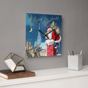 Oude Kerstmis Victoriaanse Kerstman op Schoorsteen Vierkante Klok