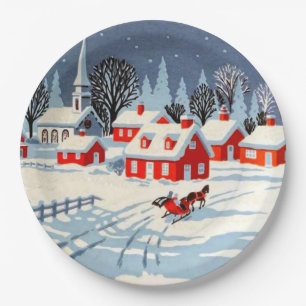 Oude Kerstmis Winter Dorpslandschap Sneeuw Papieren Bordje
