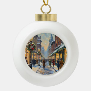 Oude kerstscene van een besneeuwde stadsstraat keramische bal ornament