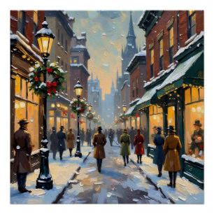 Oude kerstscene van een besneeuwde stadsstraat perfect poster