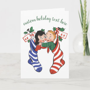 Oude kerstsokken met schattige kinderen feestdagen kaart
