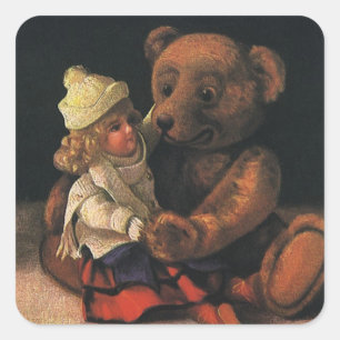 Oude kerstspullen, pop en een teddybeer vierkante sticker