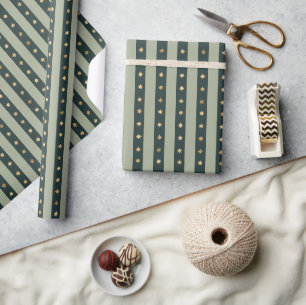 Oude Kerststerren en Strepen in Bosgroen Cadeaupapier