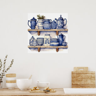 Oude keukenplank blauw witte serviesgoed thee koff poster