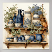 Oude keukenplank blauwe witte canisterkannen pot poster (Voorkant)