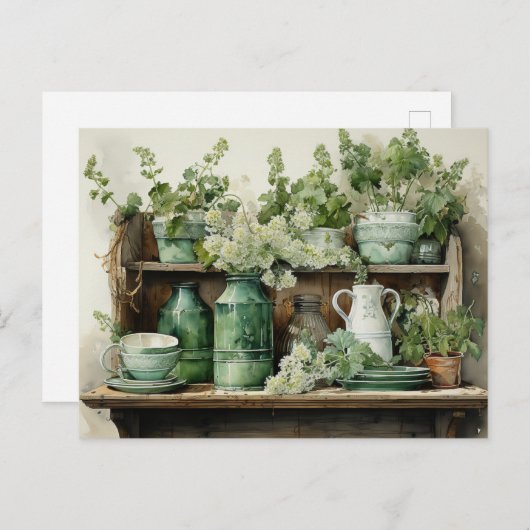 Oude keukenplank groene potten kleipotten briefkaart (Voorkant / Achterkant)
