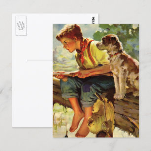 Oude kind, jongen die vist met zijn huisdier hond briefkaart