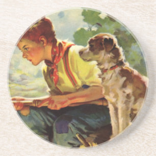 Oude kind, jongen vist met zijn huisdier hond Mutt Zandsteen Onderzetter