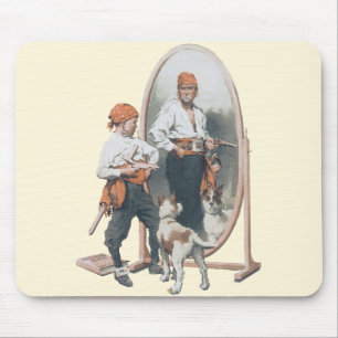 Oude kind, jongenspiraat, hond, spiegel, boekanier muismat
