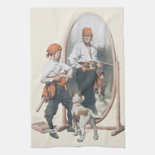 Oude kind, jongenspiraat, hond, spiegel, boekanier theedoek