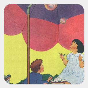 Oude kinderen die bellen blazen onder een paraplu vierkante sticker