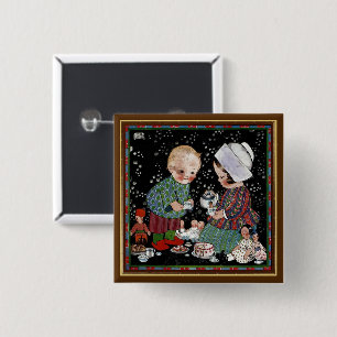Oude kinderen die een denkbeeldig theepartijtje he vierkante button 5,1 cm