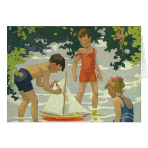 Oude kinderen spelen met zeilbootjes zomer vijver