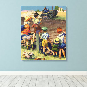 Oude kinderen zwaaien naar lokale boer op tractor canvas afdruk
