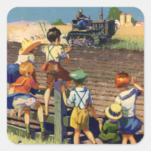 Oude kinderen zwaaien naar lokale boer op tractor vierkante sticker