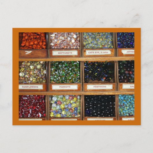 Oude knikkers in doosjes briefkaart (Voorkant)