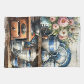 Oude koffiekop pot bord blauw theedoek (Horizontaal)