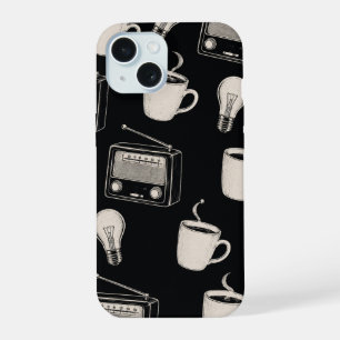 Oude koffieradio gloeilamp patroon stof iPhone 15 hoesje