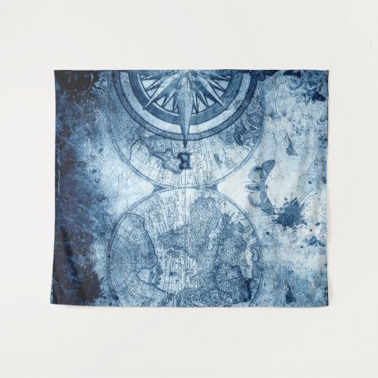 Oude Kompas | Blauwe Grunge Zeekaart Wandkleed (Voorkant (horizontaal))