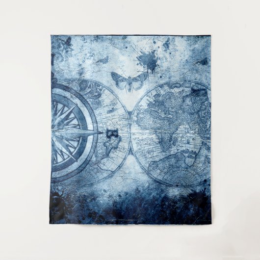 Oude Kompas | Blauwe Grunge Zeekaart Wandkleed (Voorkant)