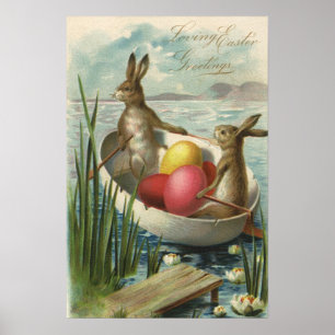 Oude konijntjes in boot, liefdevolle Pasen groeten Poster