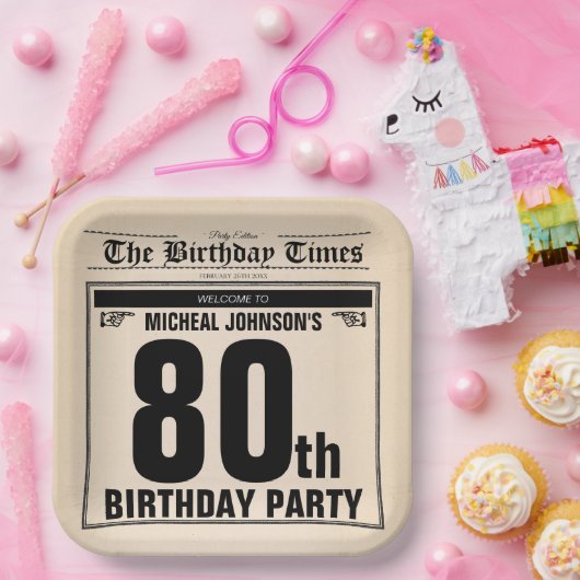 Oude Krant Leuk 80e Verjaardagsfeestje Custom Papieren Bordje (Feest)