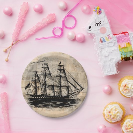 Oude krantenstijl met Fashioned Ship Art Papieren Bordje (Feest)