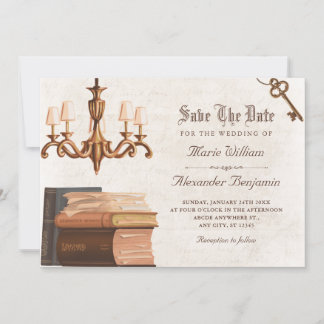 Oude landelijke bibliotheekboek bruiloft save the date