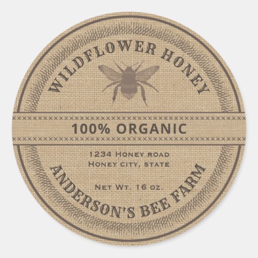 Oude landelijke bij linnen honingpot label (Voorkant)