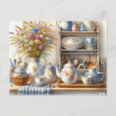 Oude landelijke boerderijschotel theepot ansichtka briefkaart (Voorkant)